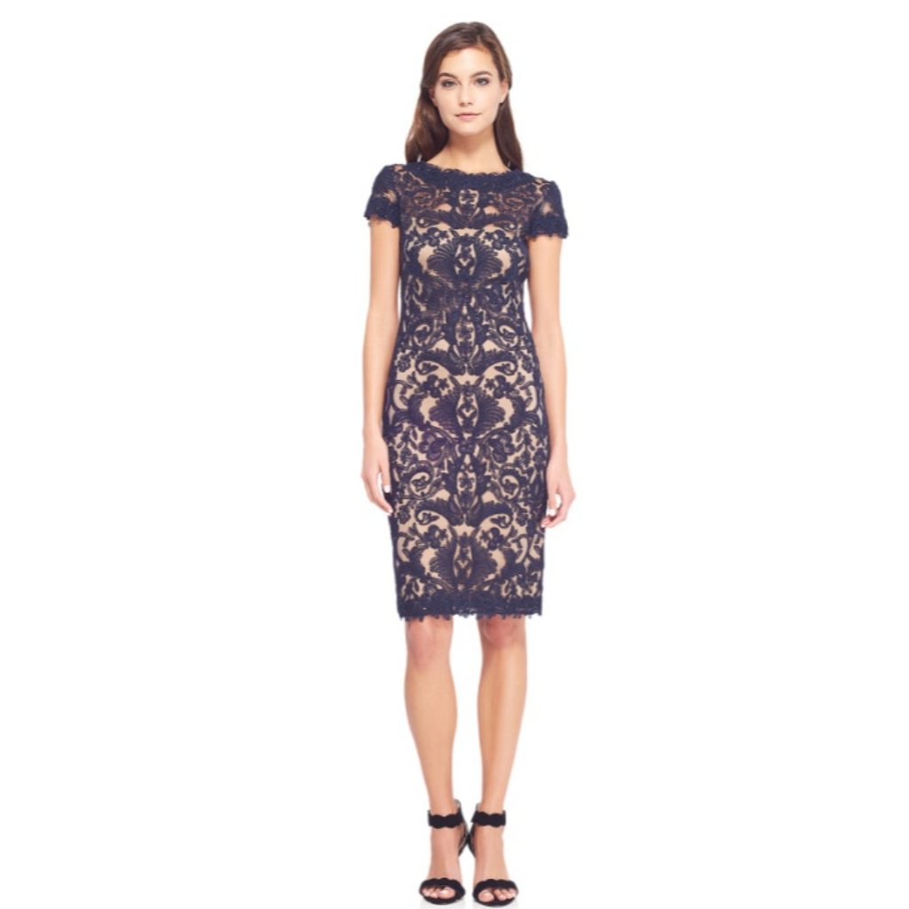 Nwt Tadashi Shoji Sheath In Navy Nude Corded Embroidery Tulle Dress 12